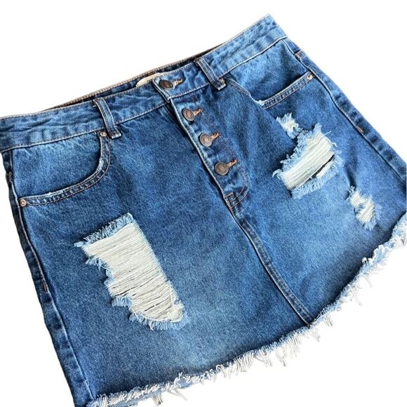 Forever 21 denim mini skirt button up fly distressed raw hem size 28 - Picture 5 of 12